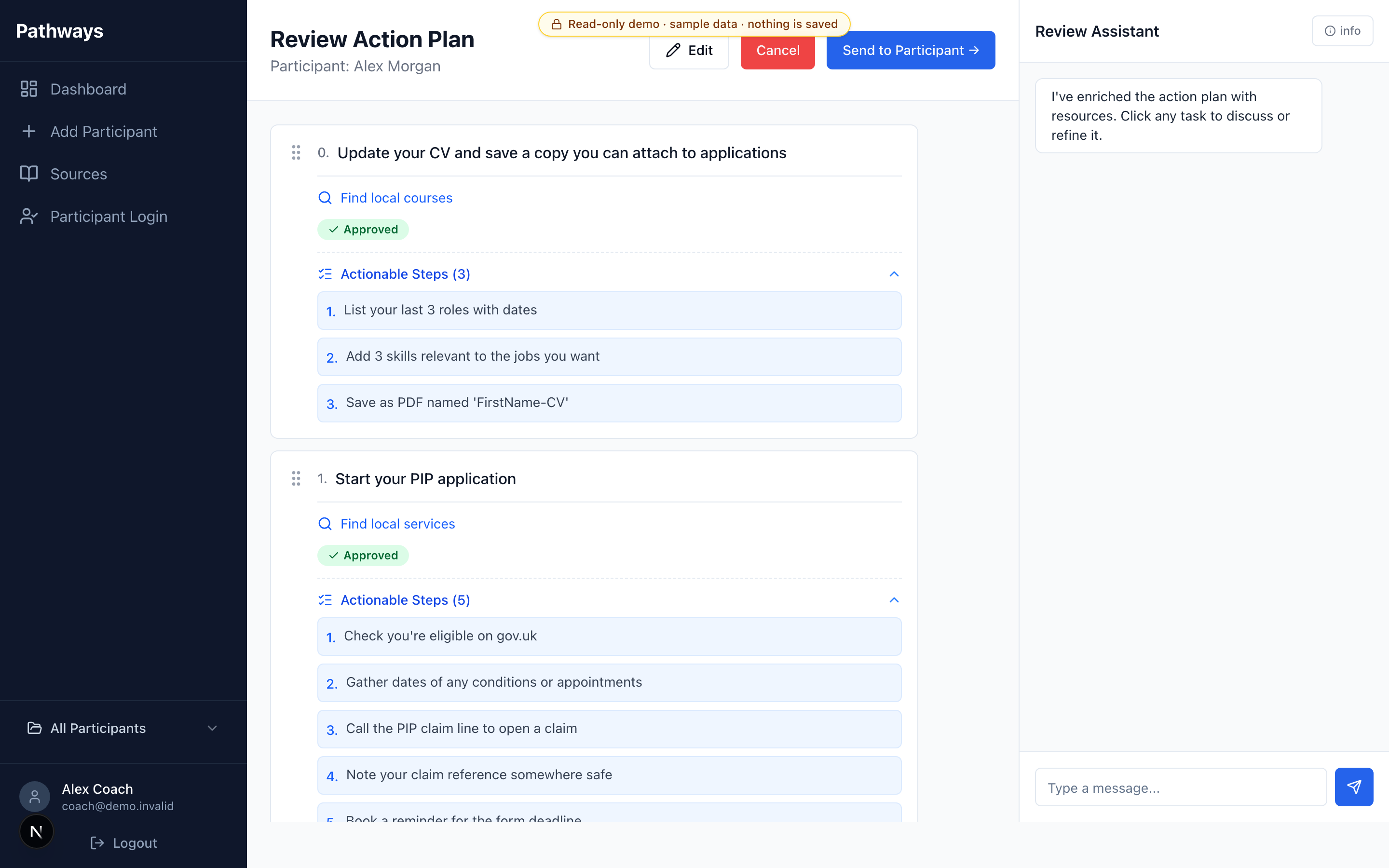 Pathway plan review screen with tasks, actionable steps and coach tasks